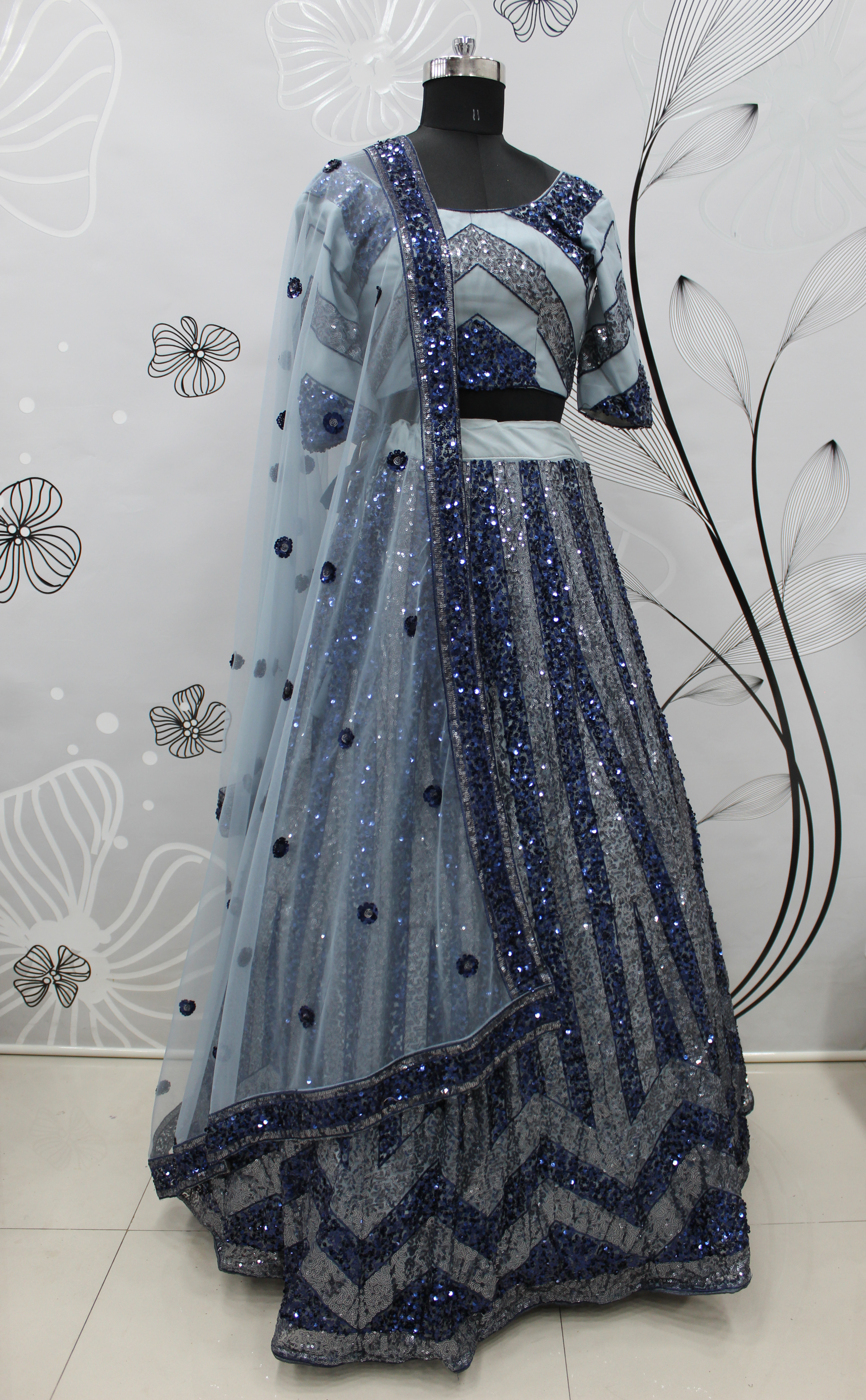 Admirable Grey Color Soft Net Fabric Sequins Work Lehenga Choli